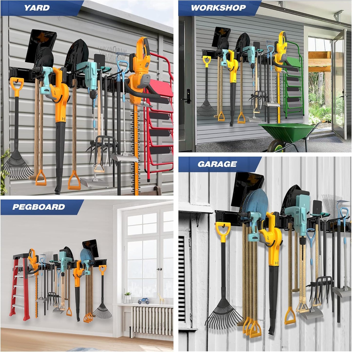 Storaboks Heavy Duty Garage Storage Rack System, Wall Mounted Tool Organizer with 8 Double Hooks, 3 Rails, Garden Yard Tools Hanger for Ski Gears, Broom, Rake, Shovel