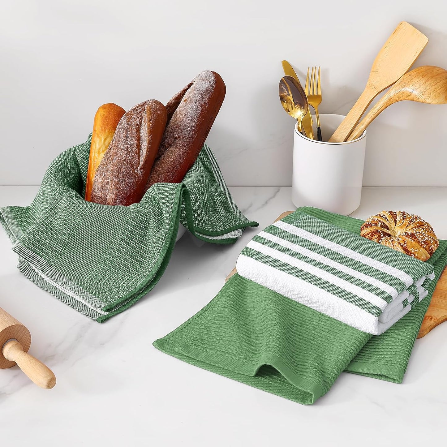 Homaxy Premium Kitchen Towels(18”x 28”, 12 Pack), Large Cotton 380 GSM Kitchen Hand Towels, Soft and Absorbent Terry Dish Towels, Multipurpose Tea Towel Set with Hanging Loop, Grass Green