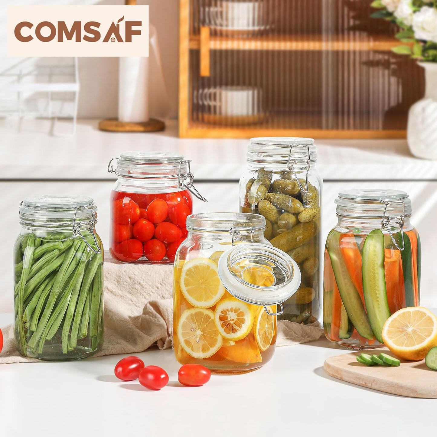 ComSaf Airtight Glass Canister Set of 3 with Lids 50oz Clear Food Storage Jars Square, Kitchen & Pantry Organization Food Storage Container for Canning, Sugar, Flour, Pasta, Candy, Cereal, Coffee