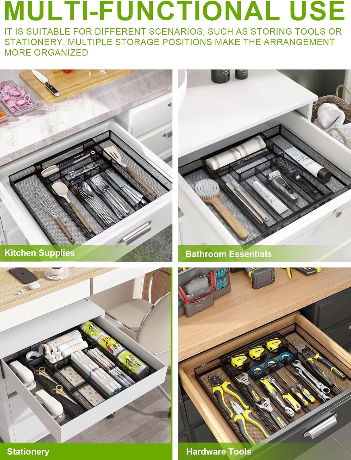 Silverware Organizer Metal Mesh, Large Drawer Organizer, Utensil Cutlery Tray for kitchen drawers, Expandable Flatware Organizer with 8 Compartment Black 11.6"~20" x 17.3"