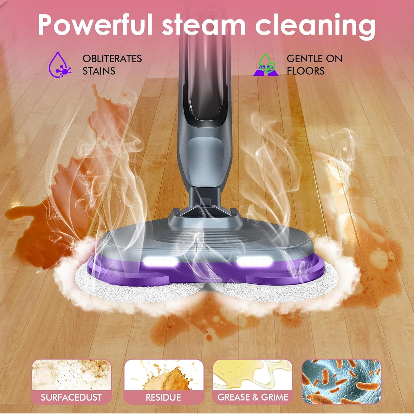 Scrub & Steam Mop with Rotating Mop Pads, LED Headlights, 6 Scrub Pads, Large Tank, Swivel Steering, Effortless Scrubbing Hard Floor Cleaner Upgraded