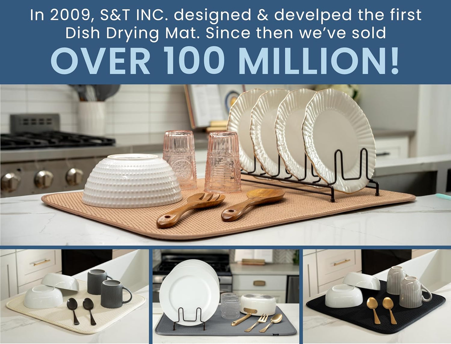 S&T INC. Dish Drying Mat XL, 18” x 24”, Absorbent Microfiber Kitchen Counter Mat, Drying Pad for Dishes, Utensils, Pots and Pans, Extra Large, Diamond Texture, Black