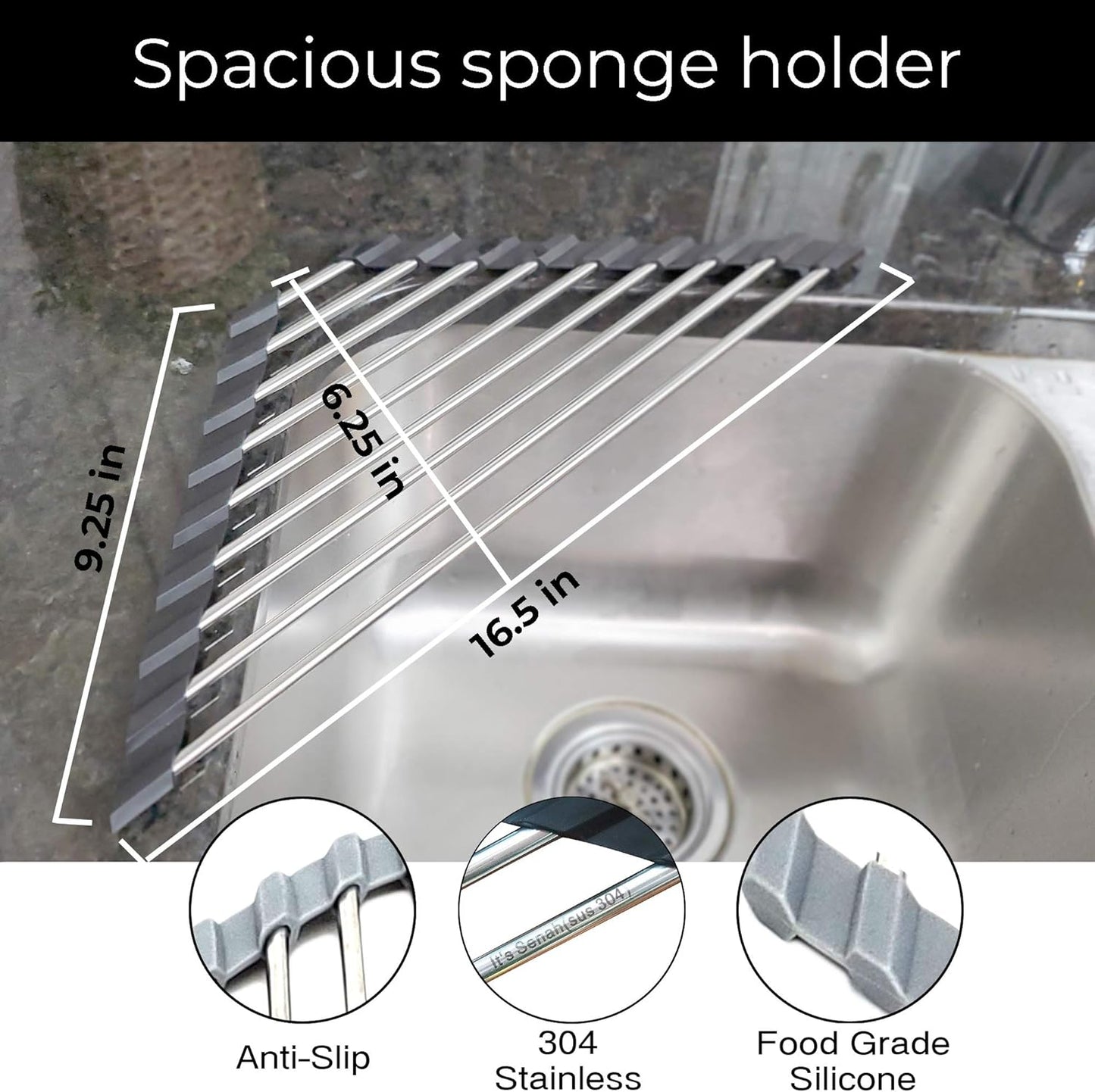 Roll Up Sponge Holder for Counter, Sink Organizer for Kitchen, Bathroom, Laundry Room, 304-Stainless Steel Sink Organizer for Sponge, Brush, Scrubber, Soap Dispenser Holder, Dish Drying Rack(Black)