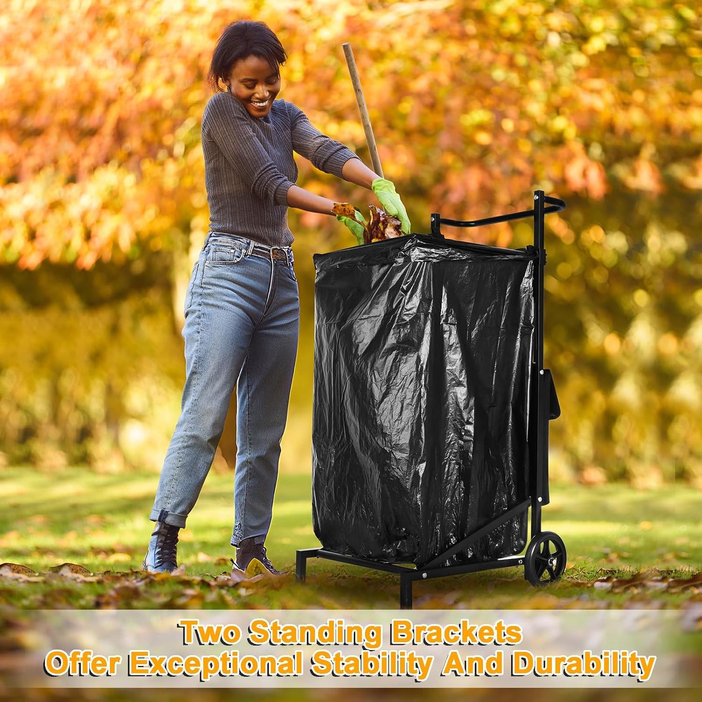Leaf Bag Holder, Trash Bag Holder Stand, Lawn Bag Holder, Adjustable Outdoor Metal Portable Trash Bag Holder Stand Cart for 30-45 Gallon Garbage Bags for Leaves, Camping, Yard Weeding, Lawn Party