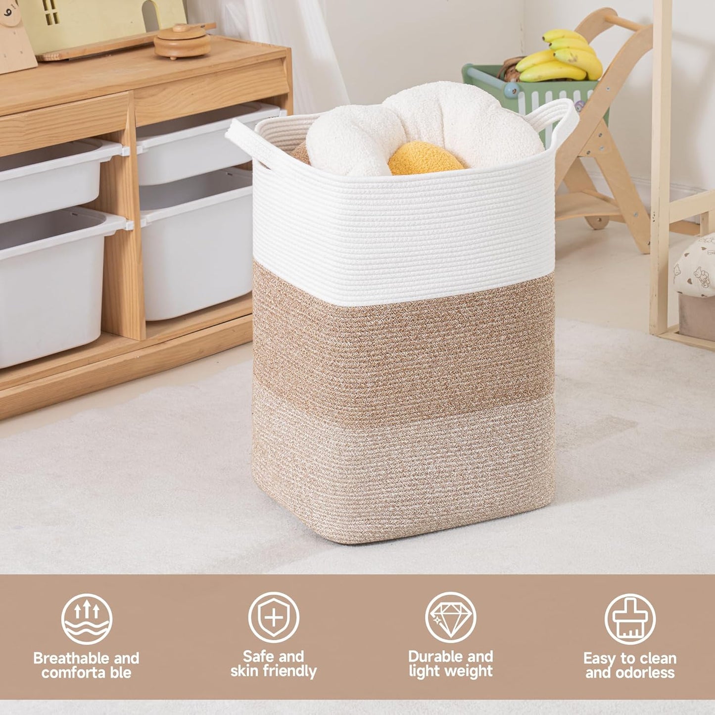 CLHMILY&Z 95L Laundry Basket Rectangular Brown Rope - 16x15x24 Inches - Dirty Clothes and Soft Storage Bin for Blankets, Toys, and Nursery Essentials