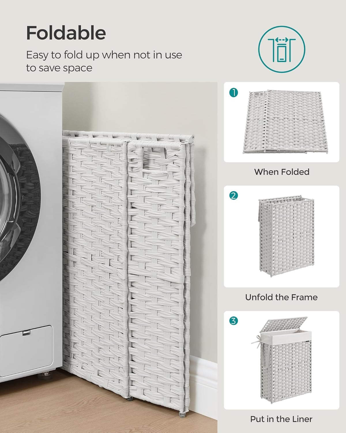 SONGMICS Slim Laundry Hamper with Lid, 14.5 Gallon (55L) Rattan Clothes Laundry Basket with Lid and Handles, Foldable, Removable Liner, Cloud White ULCB164W01