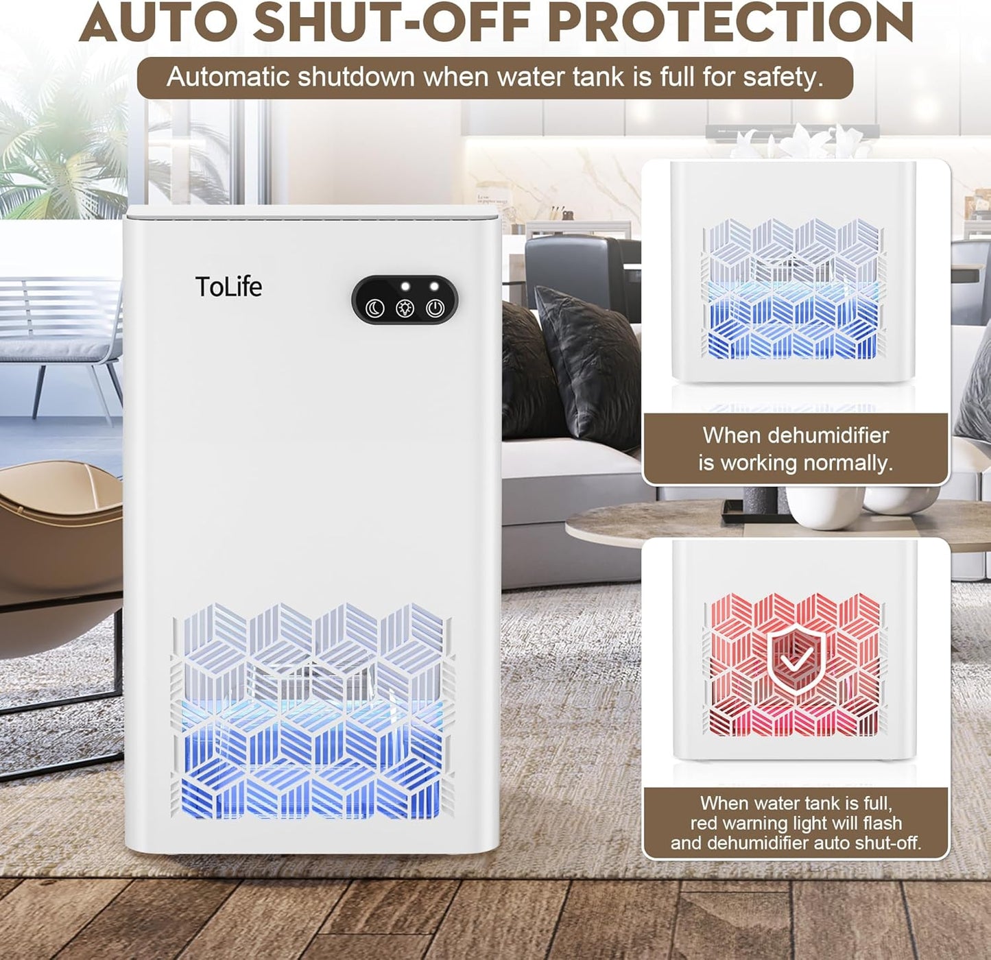 ToLife Dehumidifier for Home, 1000 sq.ft Dehumidifiers for Basement Bedroom Bathroom with 95 OZ Water Tank, Auto Shut Off 7 Colors LED Light, White Black