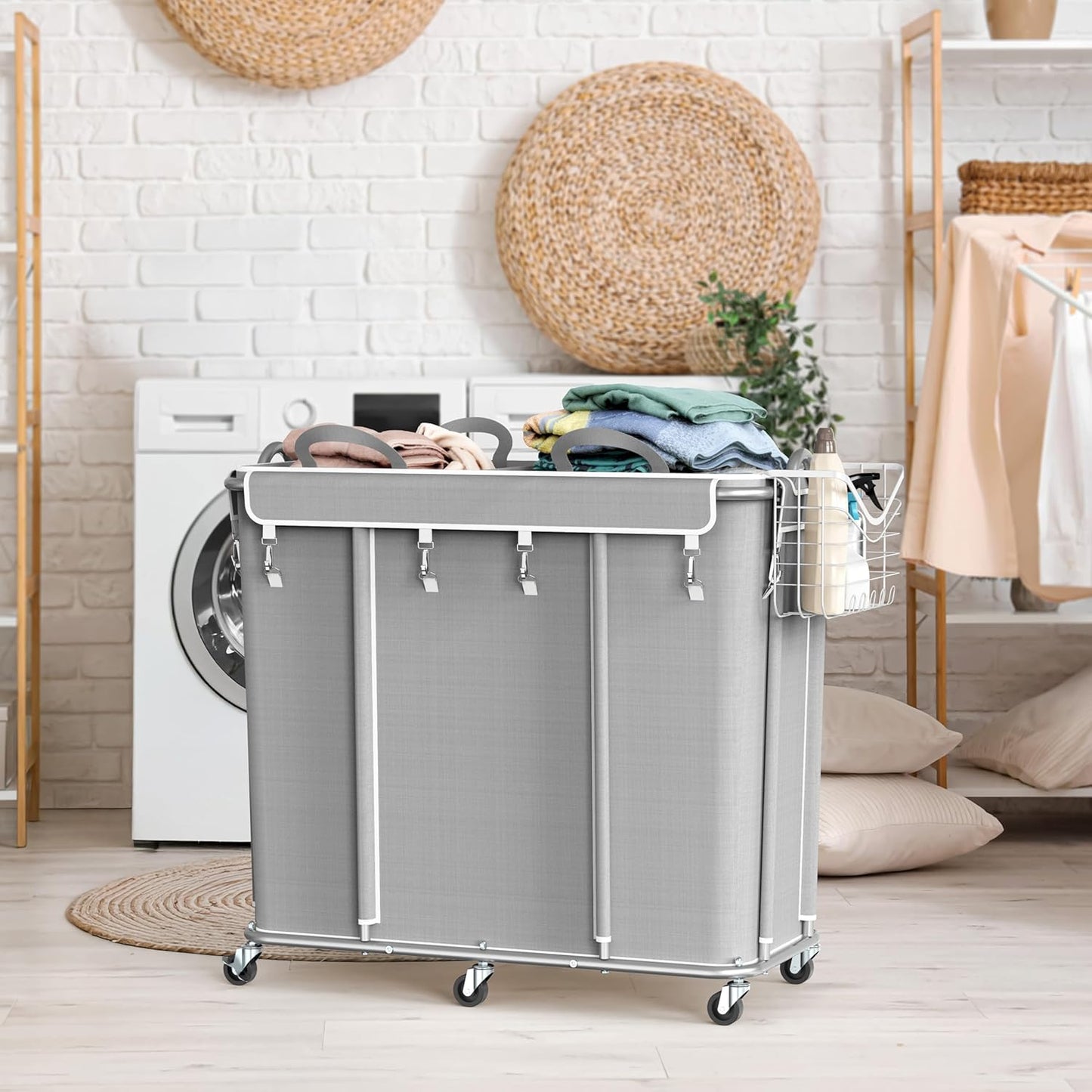 Simple Houseware Extra Large Rolling Laundry Cart – Heavy Duty Hamper with 2 Removable Bags & 6 Smooth Wheels – Commercial Laundry Organizer for Home, Hotel, Dorm, Gym, Gray