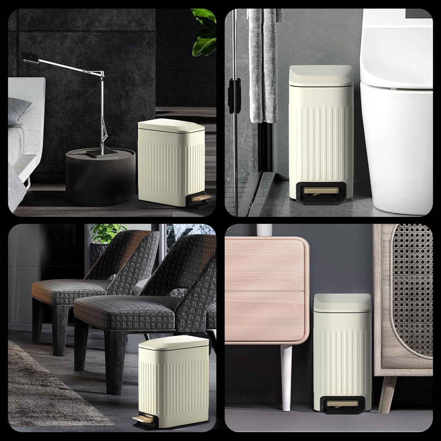 CEROELDA Small Bathroom Trash Can with Lid Soft Close-5L/1.3 Gal Slim Garbage Can-Metal Step Wastebasket-Rectangle Narrow Waste Bin for Office, Bedroom, Toilet, Live Room (Embossed-Beige)