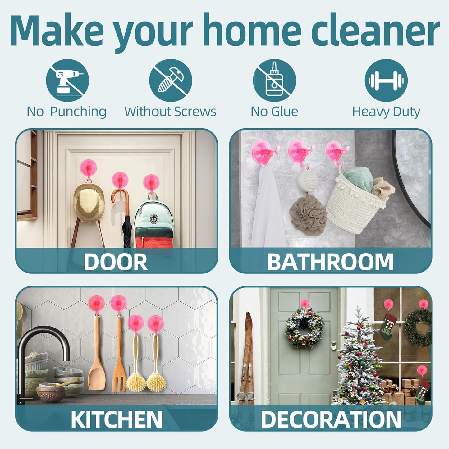 Antimbee Suction Hooks, 5 Pack Clear Hanger, Removable Small Suction Cups for Shower, Bathroom, Glass, Door, Windows, Kitchen - Up to 11 lbs on Smooth Surface - 2 Hooks Design (Transparent Pink)