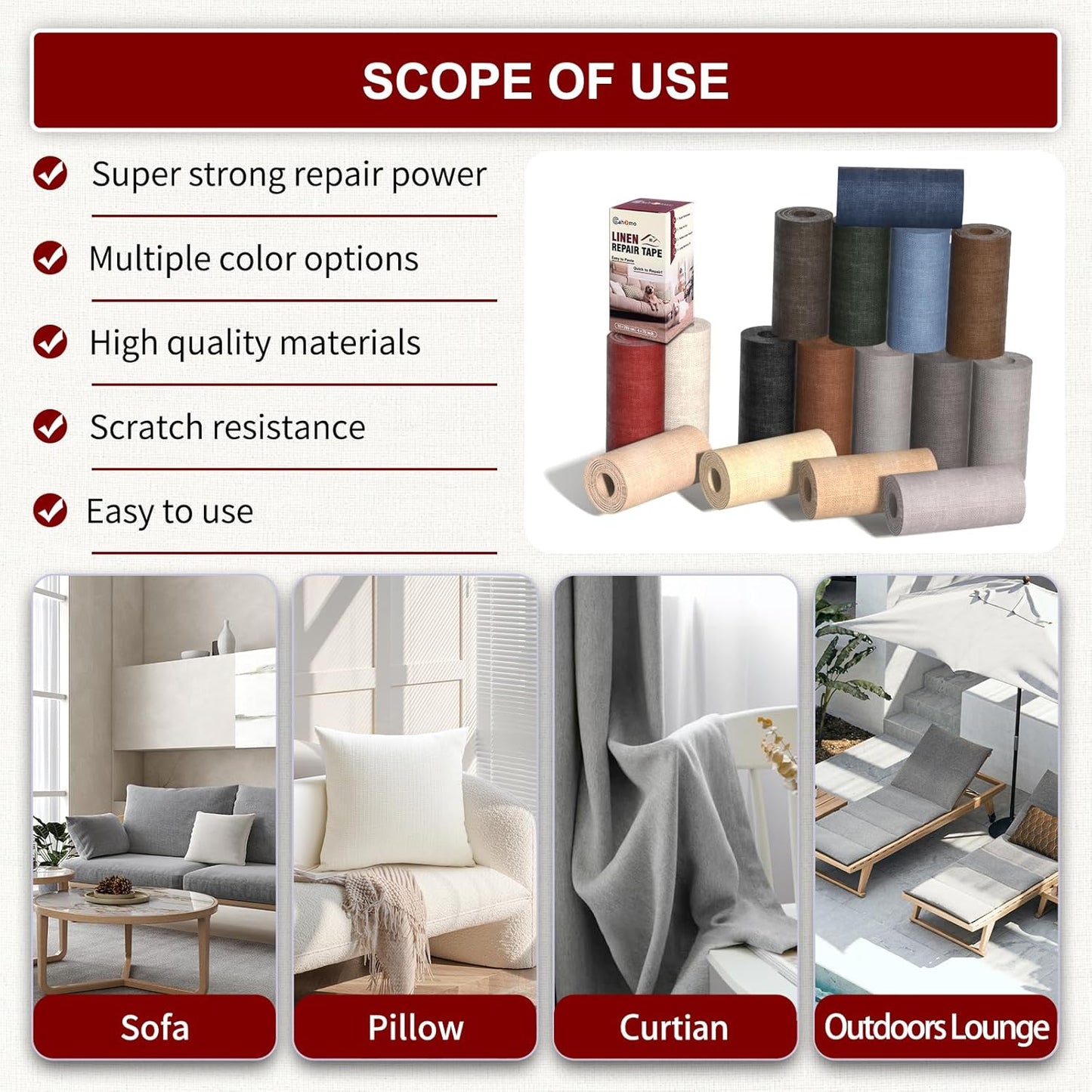 Linen Repair Tape 4x79 inch, Self Adhesive Fabric Patches, Linen Patch Tape Kit, Fabric Repair Tape for Couch Sofas, Headboards, Chairs, Pillows, Curtains, Couches - Medium Grey