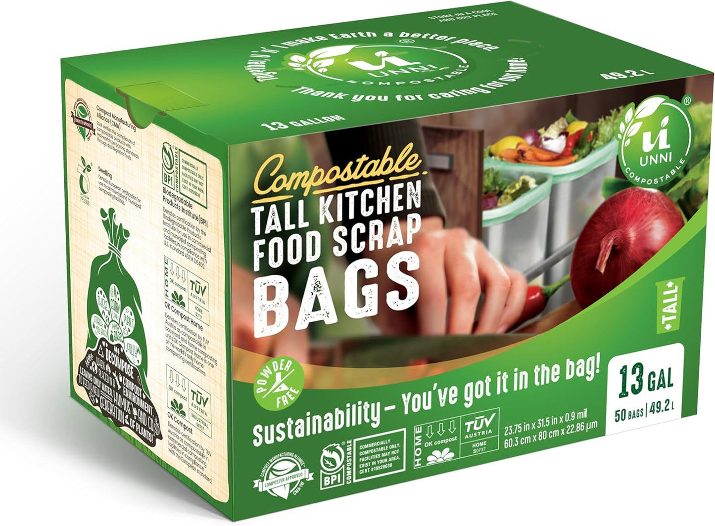 UNNI Compostable Trash Bags, 13 Gallon / 49.2 Liter, 100 Count, Extra Thick 0.9 Mil Tall Kitchen Food Scrap Bin Liners, Certified by BPI, CMA & OK compost HOME, Meets the ASTM D6400 Standard