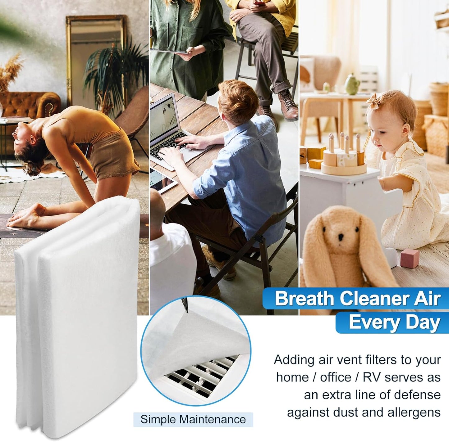 UCINNOVATE 20x117 inch MERV 13 Air Vent Filter Kit, Electrostatic AC Filter Material with 125" Tape, Cut to Size for HVAC Home Floor Ceiling Fan Intake, Stop Dust Pet Dander, 16Ft²