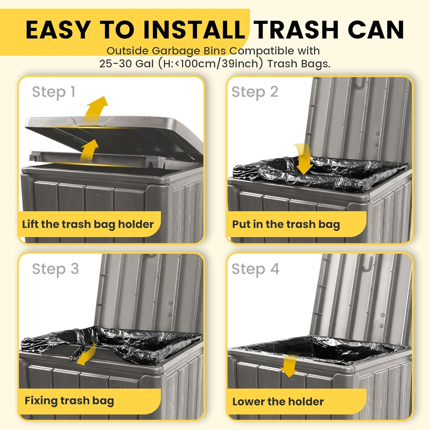 Outdoor Trash Can with Lid, Waterproof Resin Garbage Can with Tiered Lid, Outside Trash Bin for Patio, Kitchen, Backyard or Deck