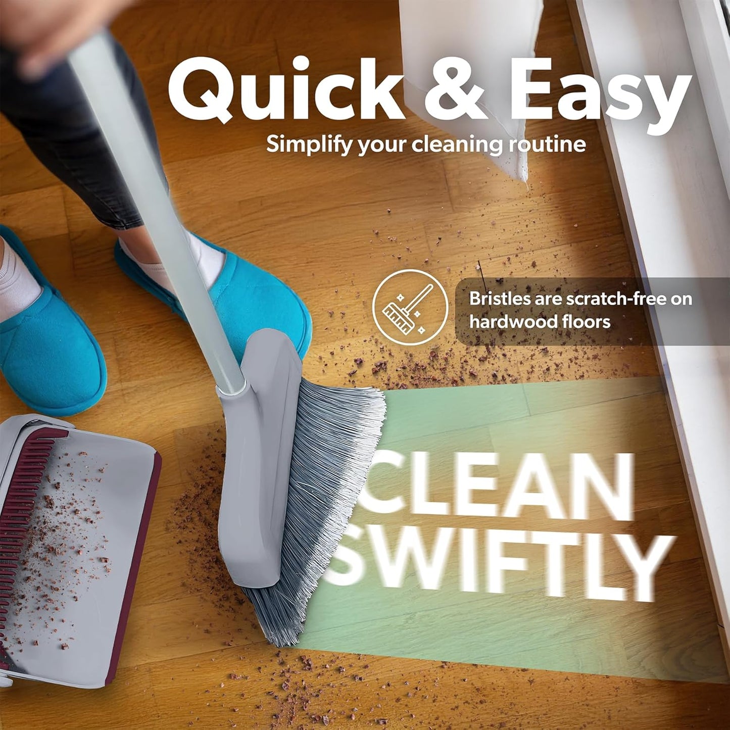 BLACK+DECKER Butler Broom & Dustpan Set - Stand-Up Design - Lightweight, Space-Saving Combo for Kitchen, Living Room, Bathroom, Lobby Floors - Home Cleaning Essential, Light Gray/Burgundy