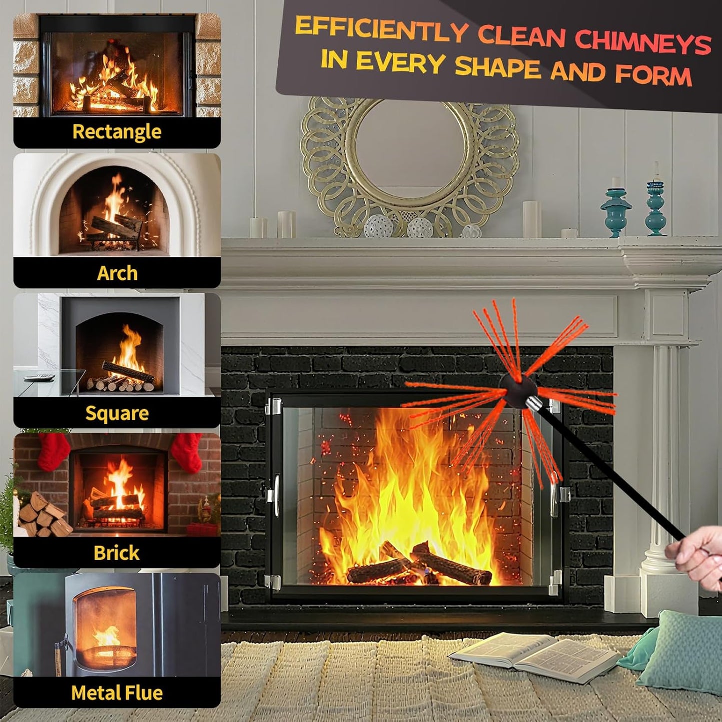 20 Feet Chimney Sweep Kit, Chimney Cleaning Kit with 6 Flexible Black Chimney Rods, Chimney Brush, Rotary Chimney Cleaning System Driven by Drill