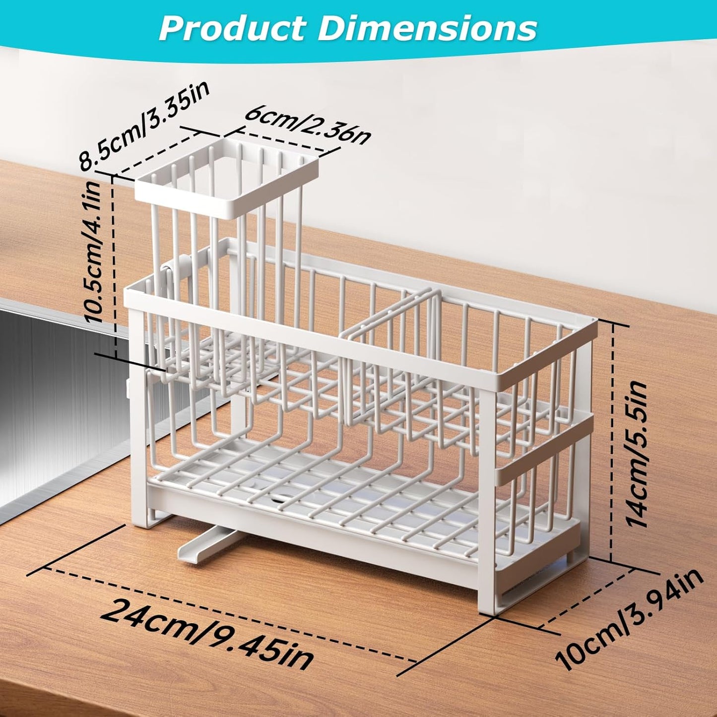 Sponge Holder for Kitchen Sink, 2 Tier Sink Caddy Organizer Countertop with Dish Brush Holder and 360° Drain Tray, Rustproof Stainless Steel Dish Soap Storage Rack Set for Accessories White