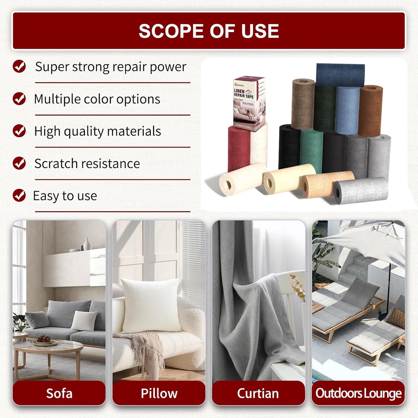 Linen Repair Tape 16x90 inch, Self Adhesive Fabric Patches, Linen Patch Tape Kit, Fabric Repair Tape for Couch Sofas, Headboards, Chairs, Pillows, Curtains, Couches - Army Green