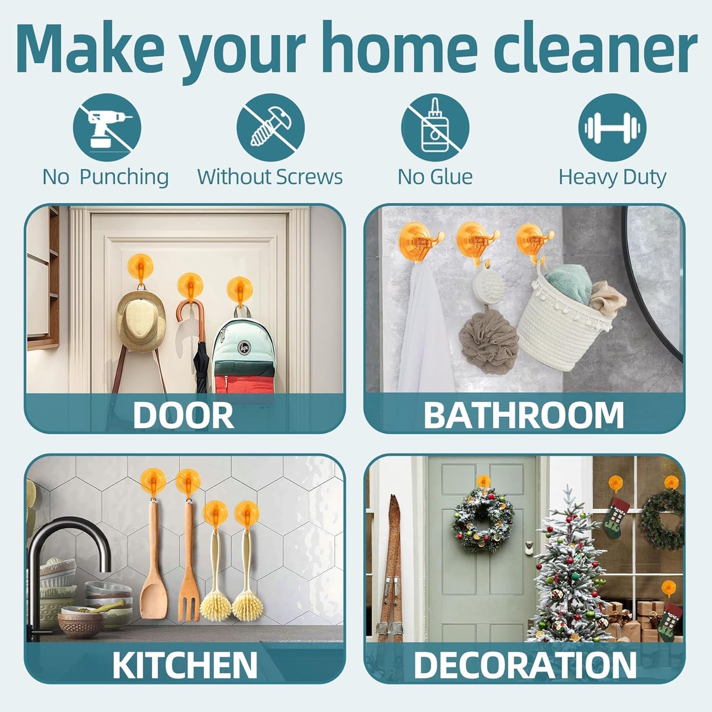 Suction Cup Hooks, 5 Pack Wreath Door Hanger, Removable Small Suction Cups for Shower, Bathroom, Glass, Door, Windows, Kitchen-Up to 11 lbs on Smooth Surface-2 Hooks Design (Transparent Orange)