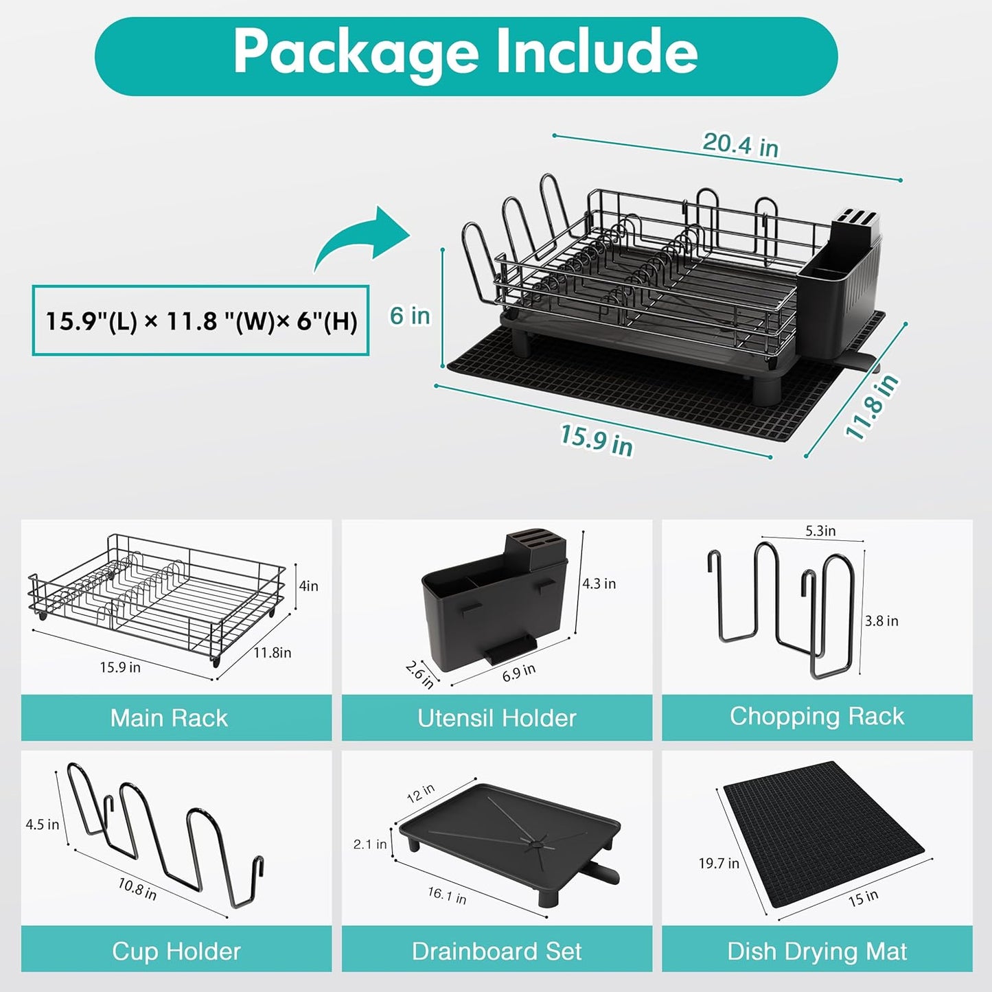 JASIWAY Black Stainless Steel Dish Drainers Drying Rack for Kitchen Counter with Drainboard Set, Rust Proof Metal, Space Saving, Modern Aesthetic, Compact Plates Strainers with Extra Mat