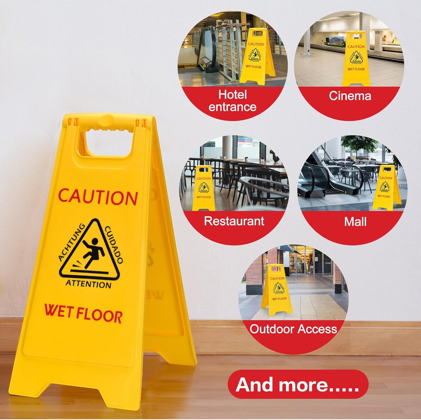 MATTHEW CLEANING 25'' Industrial Wet Floor Sign 6 Pack 2-Sided Safety A-Frame Birght Yellow Multilingual Warning Signs Commercial Caution Wet Fold-out Floor Signs For Indoors and Outdoors
