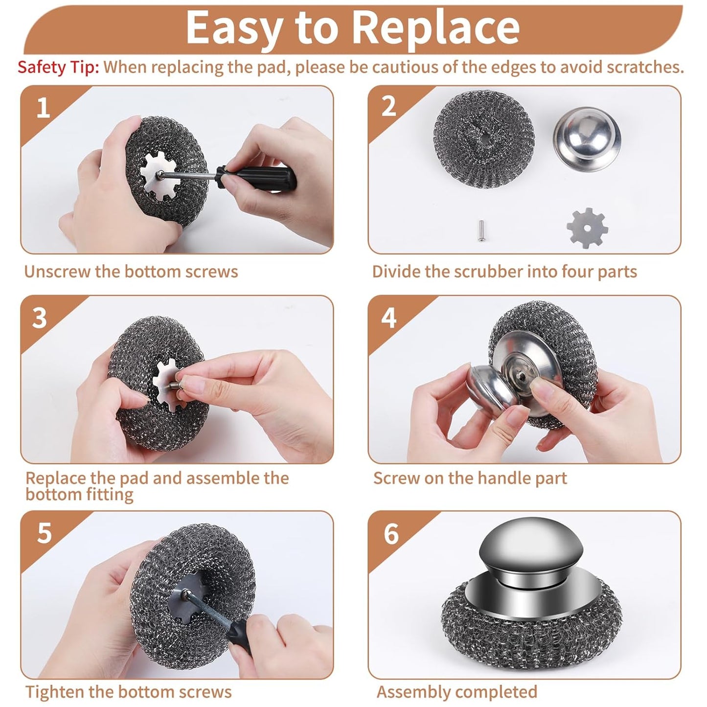 5Pcs Steel Wool Scrubber with Replacement Wire Sponge Pads Set, Stainless Steel Scrubber with Handle for Scouring Stubborn Messes from Cast Iron, Pots, Pans, Grill, Stoves, Sink(1 Scrubber+4 Pads)