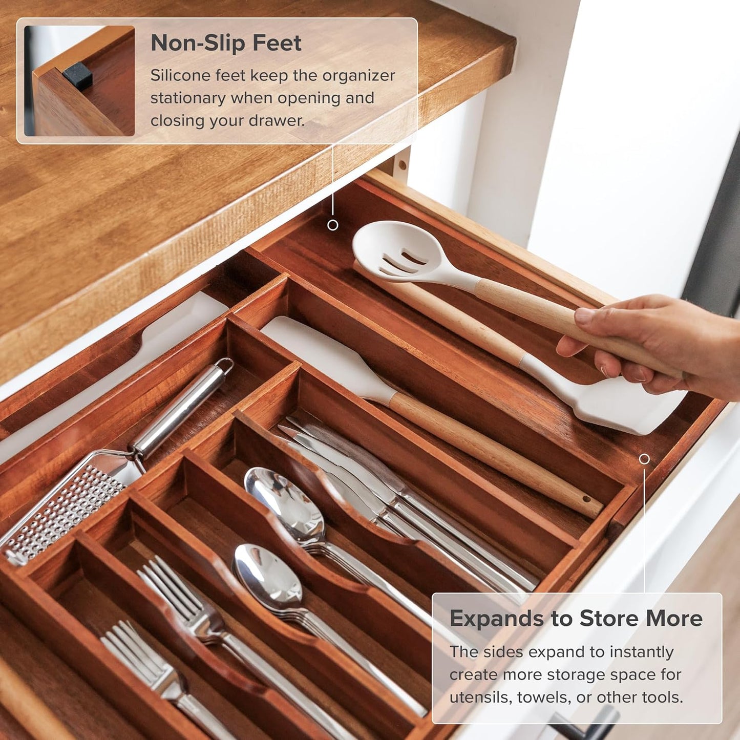 KitchenEdge Premium Silverware, Flatware and Utensil Organizer for Kitchen Drawers, Expandable 14.5 to 25 Inches Wide, 10 Compartments, Food-Safe Premium Acacia Wood Finish Kitchen Storage Tray