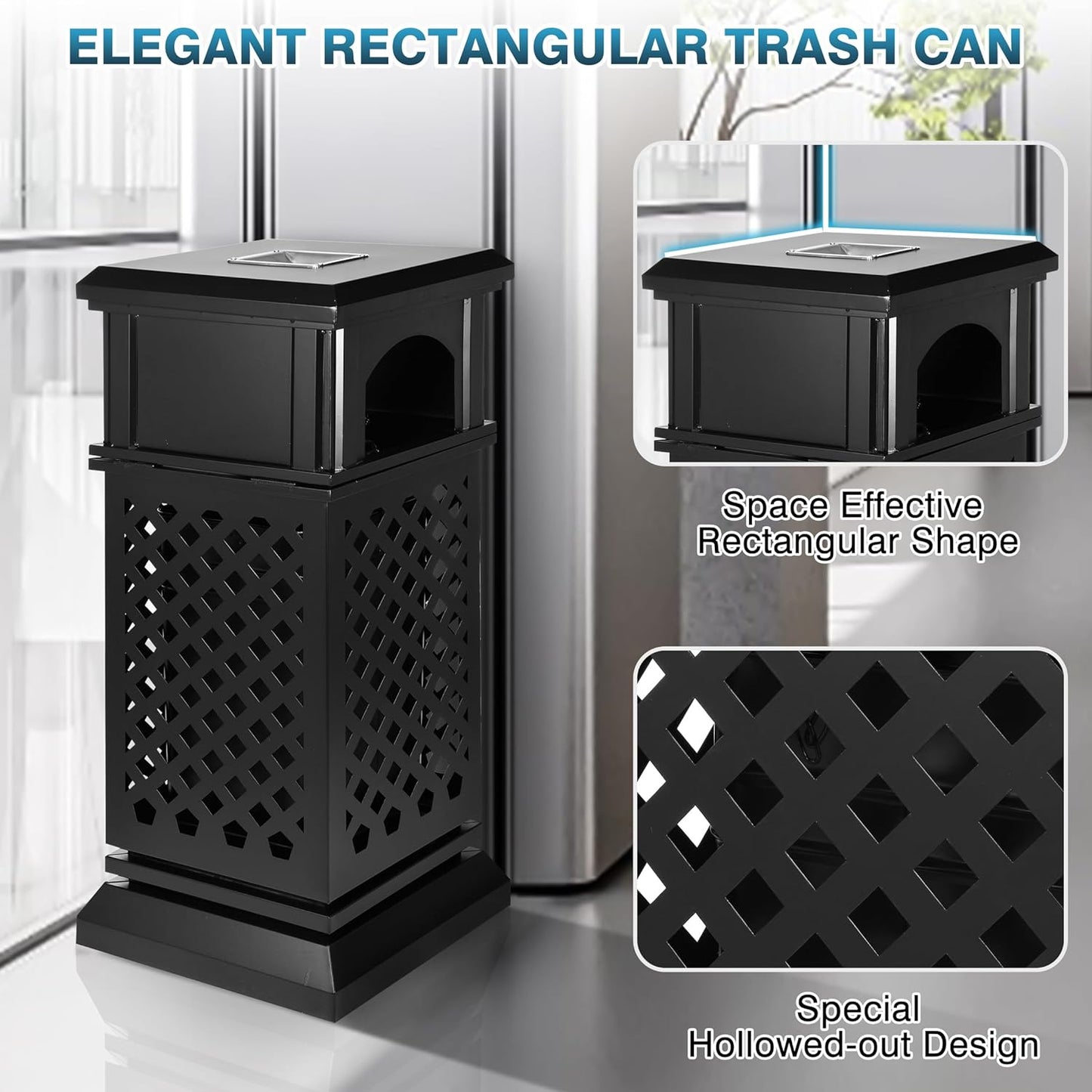 IRONWALLS Indoor/Outdoor Trash Can with Lid, Heavy Duty Steel Garbage Can with Removable Bin, Locking Lid, 16”x16”x35.4” Dual Sided-Open Commercial Trash Can Large for Patio, Backyard, Office, Black
