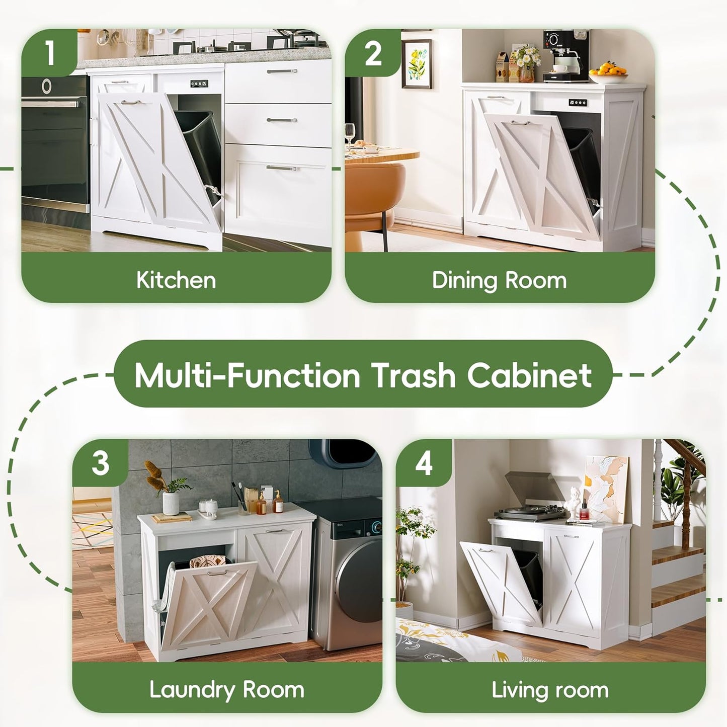 Betterhood Tilt Out Trash Can Cabinet, Hidden Trash Bin with Deodorizing & Negative Ion System, Pet-Proof Kitchen Waste Cabinet for Kitchen, Dining Room, Living Room (White, 2 * 10 Gallons)