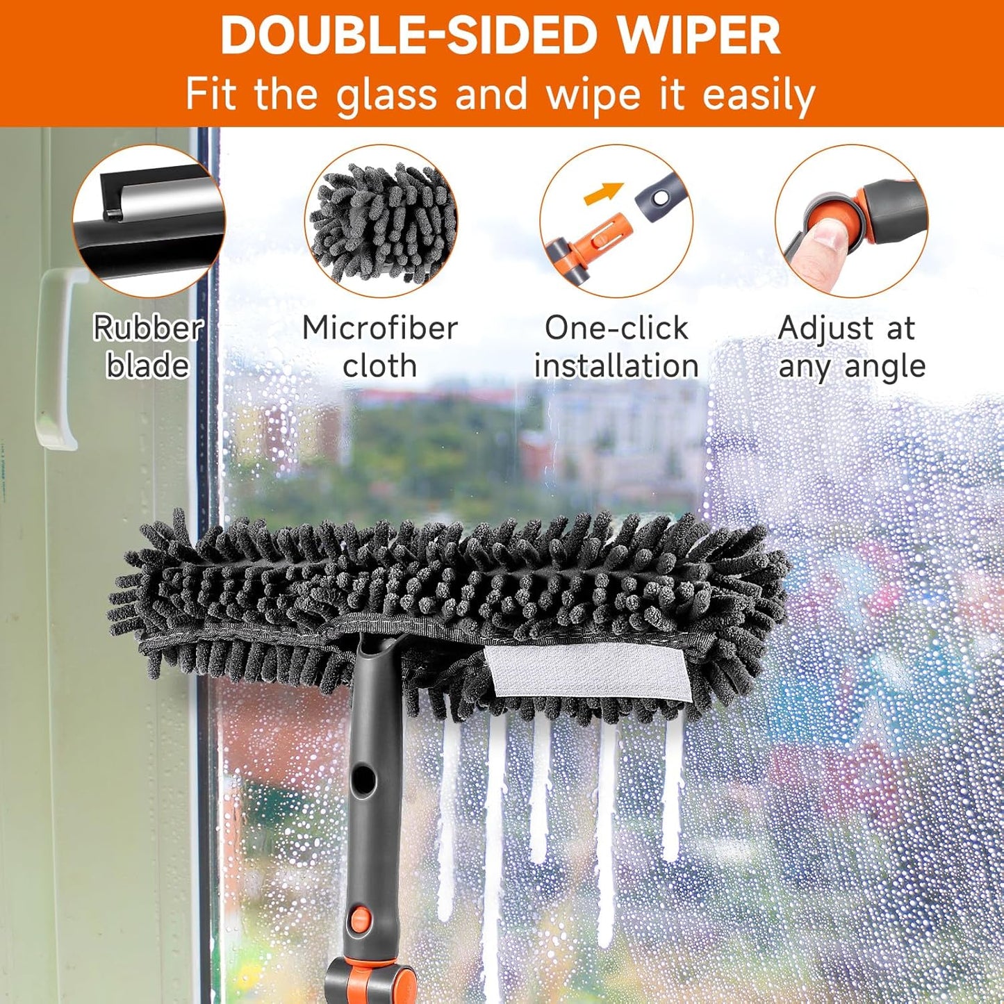 Chabatree Window Squeegee Cleaner Set 2-in-1 Window Cleaning Tool with Extendable Pole, Window Cleaning kit with Bendable Head for Indoor & Outdoor Glass for Car Indoor Outdoor High Windows(Kit1.0)