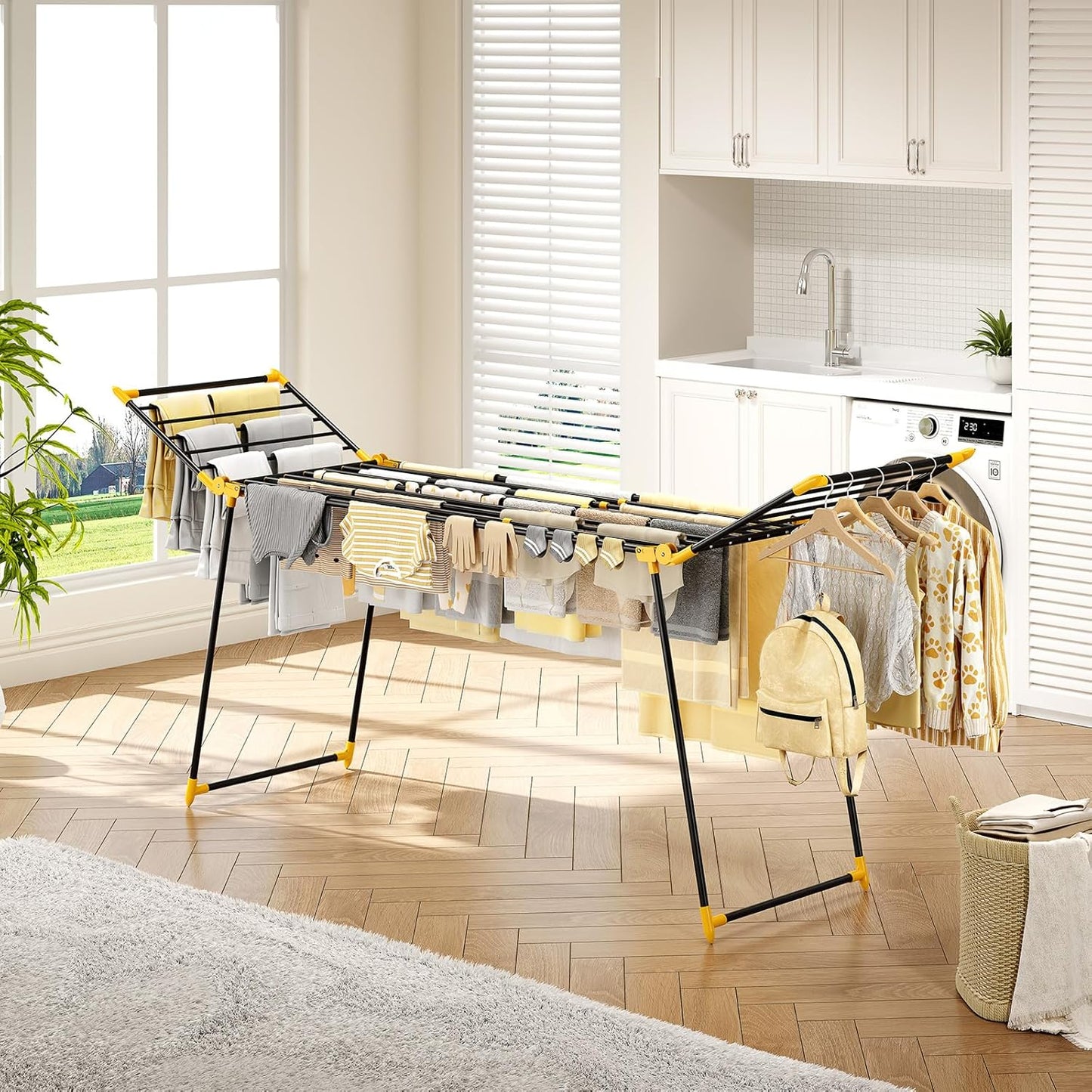 APEXCHASER Clothes Drying Rack Foldable, Large Drying Rack Clothing Retractable, Metal Clothes Airer for Bedding Towel Sweater Heavy Duty, Indoor Outdoor Use, 21.9"W x 100"L x 39"H, No Assembly,Yellow