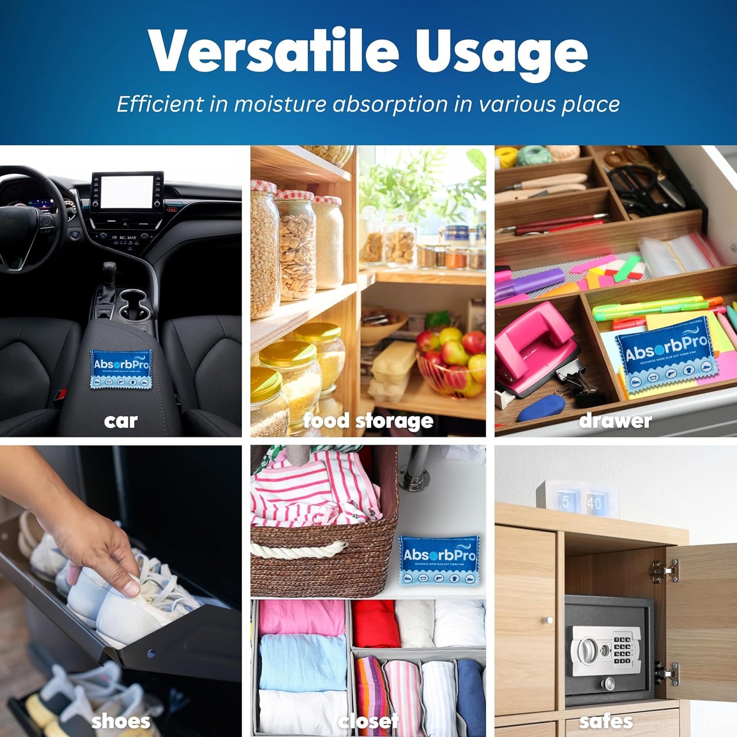 Rechargeable Dehumidifier Bag 5-Pack - 100g Reusable Moisture Absorbers - Silica Gel Packets for Bins, Totes, Gun Safe, Food Storage, Clothes, Cars, and Boats