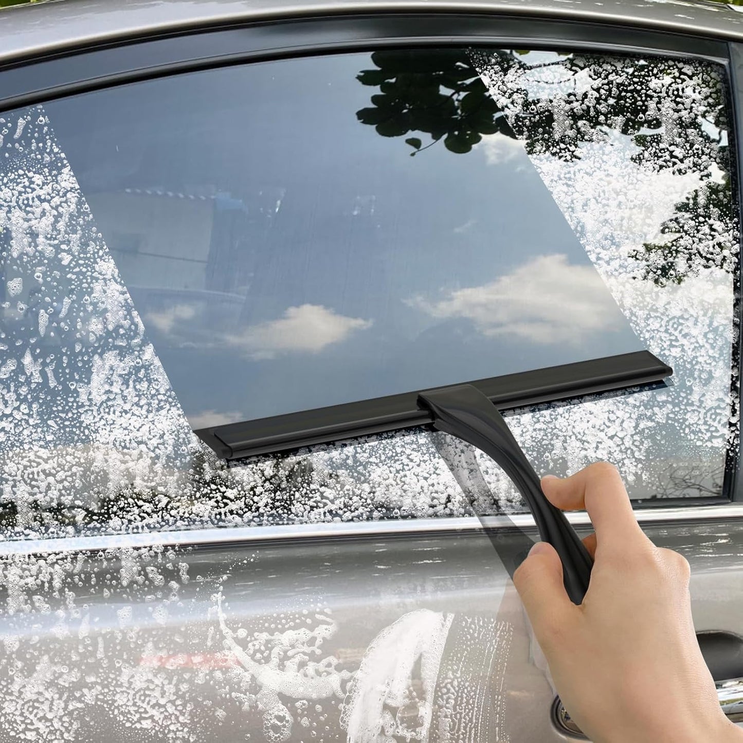 All-Purpose Stainless Steel Shower Squeegee for Glass Doors with Adhesive Hooks, Squeegee for Shower Glass, Bathroom Household Cleaner Tool for Window Mirror Tile Wall Car, 10 Inch Black