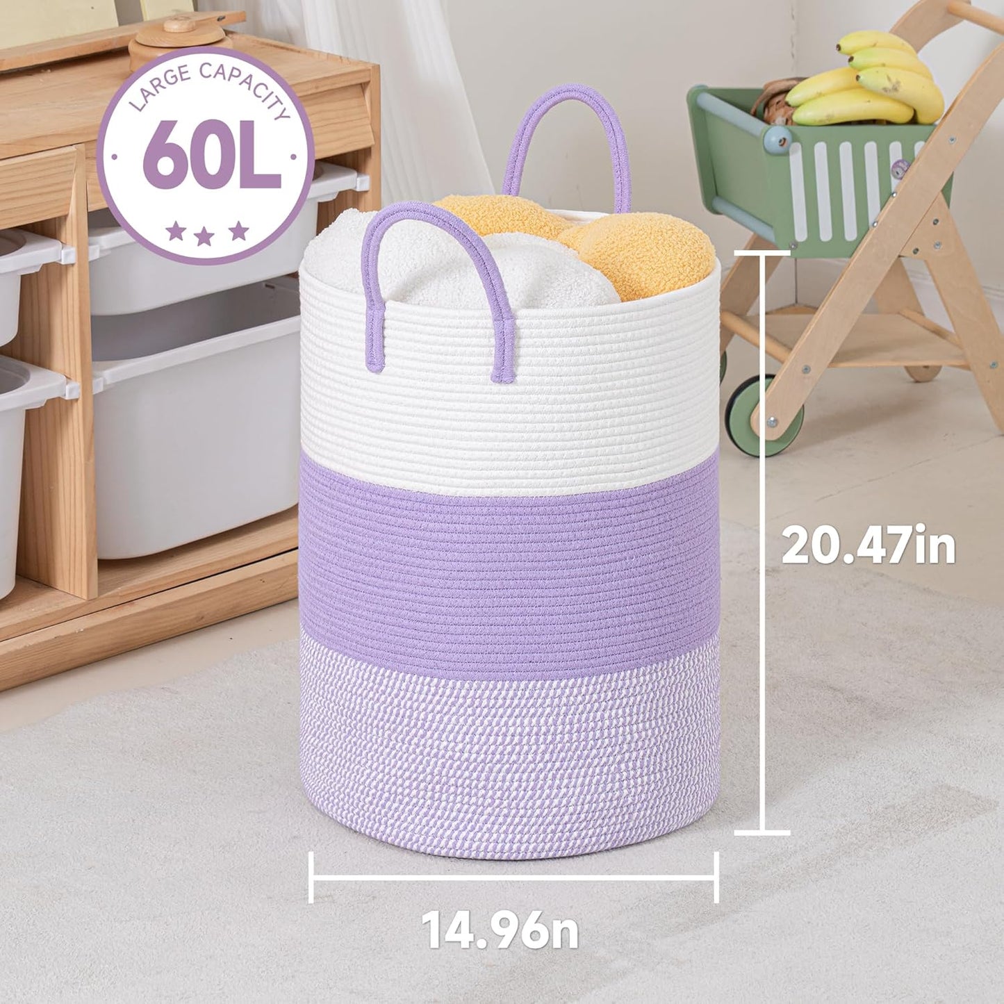 CLHMILY&Z 60L Laundry Basket Round Storage Rope Basket - 15x20.5 Inches - Lavender Hamper in Bedreoom and Cute Storage Bin for Blankets, Toys, and Nursery Essentials
