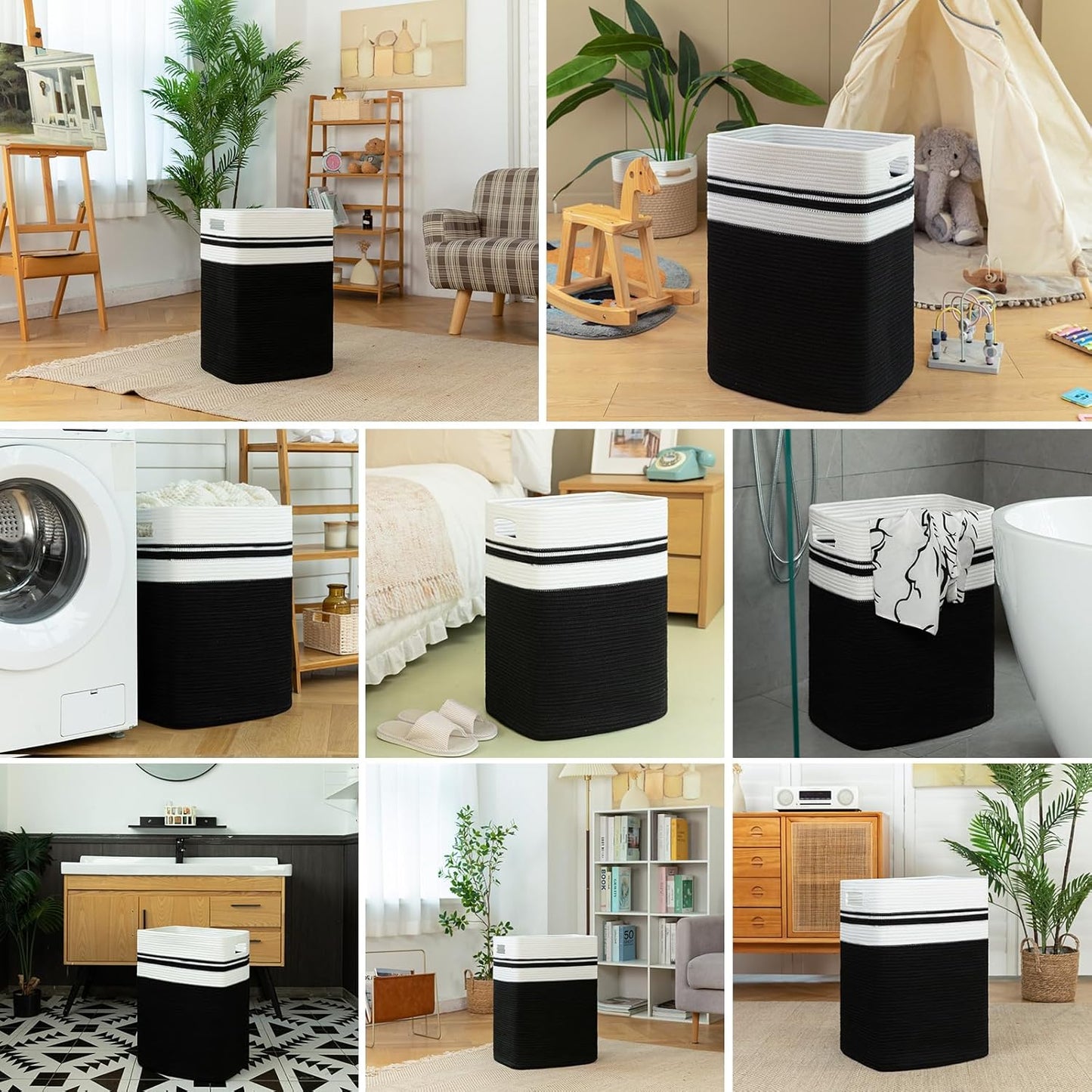 OIAHOMY 91L Laundry Hamper, XXXLarge Laundry Basket, Collapsible Cotton Rope Basket,Woven Storage Basket for Blankets,Clothes,Pillows-16x15x24-Black&white