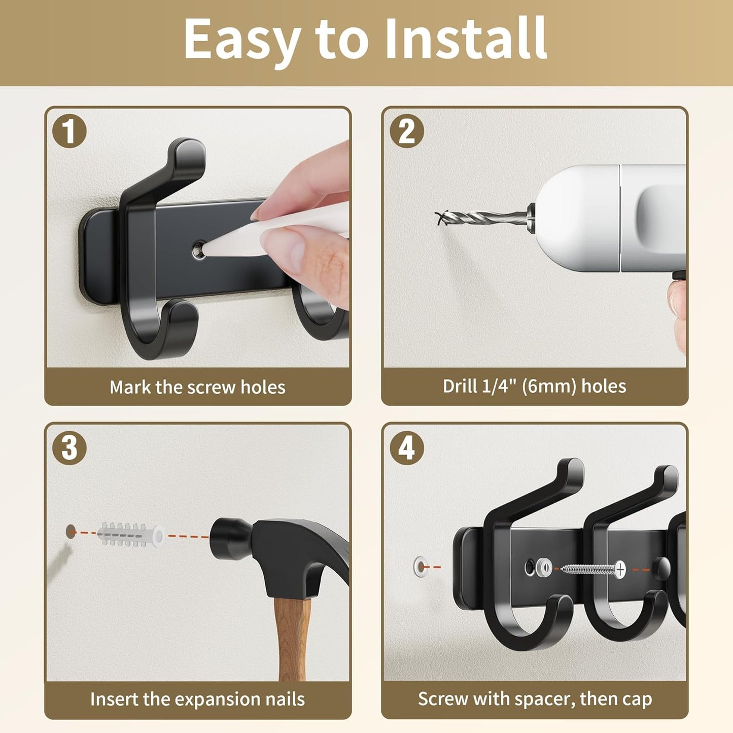 Coat Rack Wall Mounted Heavy-Duty: Metal Coat Hanger 6 Hooks for Hanging Hat, Clothes, Robe, Keys, Backpack, Bathroom Towels, Jacket, Purse - Closet, Door, Entryway, Mudroom (Black, 1 Pack)