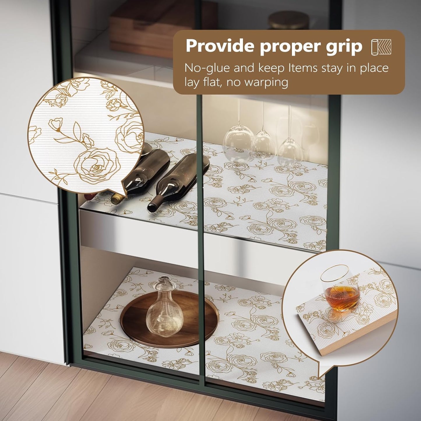 Shelf Cabinet Liner for Kitchen- Non Adhesive 17.5In x 20FT Drawer Liner Refrigerator Liner, Premium Waterproof Shelf Paper Protect Surface, Non Slip Easy to Clean Durable EVA Material, Gold Roses