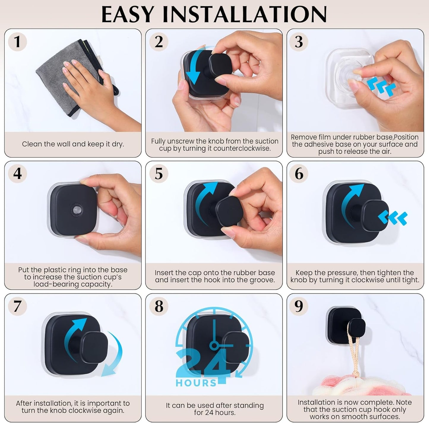 Suction Cup Hooks for Shower - Reusable No-Drill Mounting - Hooks for Towels, Robes & Loofah on Metal, Glass, Mirrors, Tile & Smooth Non-Porous Surfaces (2, Matte Black)