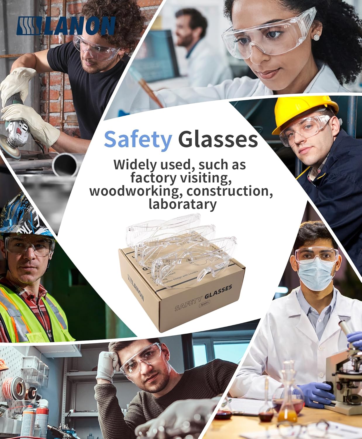 LANON 3 Pack Safety Glasses Over Eyeglasses,ANSI Z87.1 Standard,Anti-Fog & Scratch,Peripheral Protection, High Transmission,Anti-UV,Wrap Around Clear Safety Goggles
