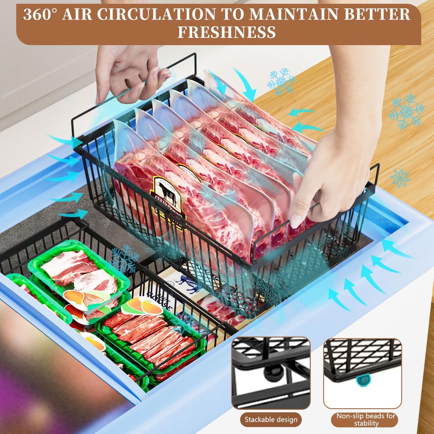 Large Freezer Organizer Bins,Upgraded Bottom Leak-Proof net,Fit 10 to 20 Cu Ft Chest Freezer,2 Pack, Expandable Stackable Chest Freezer Containers with Handle(Black-2Pack)