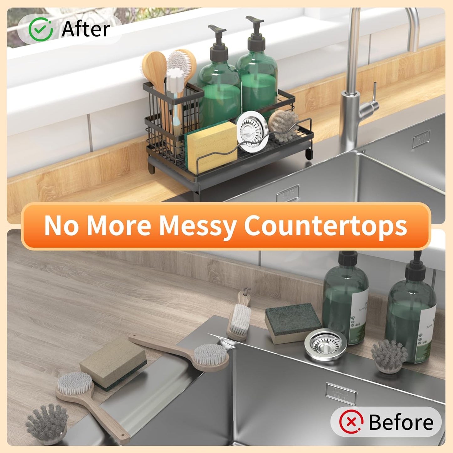 Sink Caddy, Kitchen Sink Organizer with Sponge Holder and Stone Drying Mat, Quick Drying, Stainless Steel Kitchen Caddy Organizer for Sponges, Brushes & Soap