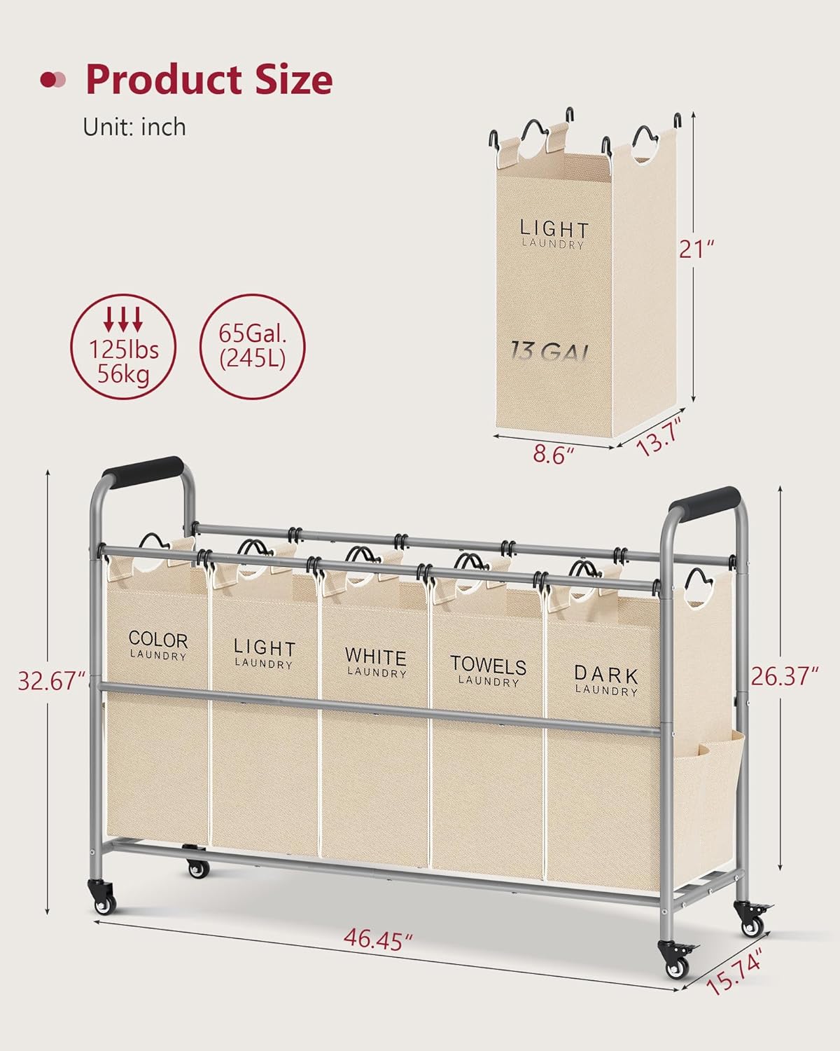 Tajsoon Laundry Sorter 5 Sections, Laundry Hamper with Heavy Duty Lockable Wheels and Removable Bags, 5 Bag Rolling Laundry Sorter Cart for Dirty Clothes Storage, Laundry Separator Hamper, Beige