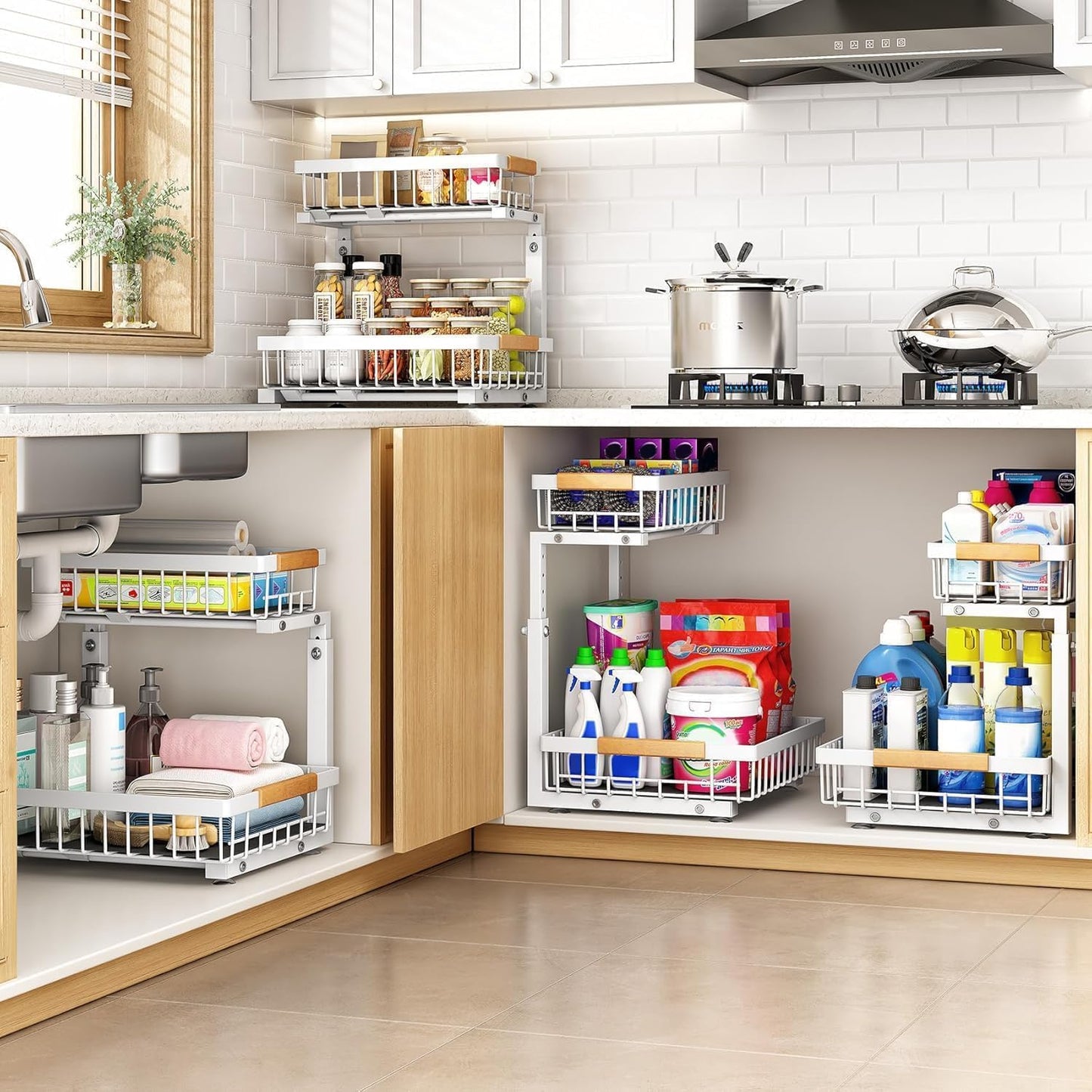 PXRACK 1 Pack Under Sink Organizer,Adjustable Height,2 Tier Pull Out Under Cabinet Organizer,Slide Out Thickened Metal Under Sink Storage for Kitchen Bathroom Laundry Cabinet Pantry,White(S)