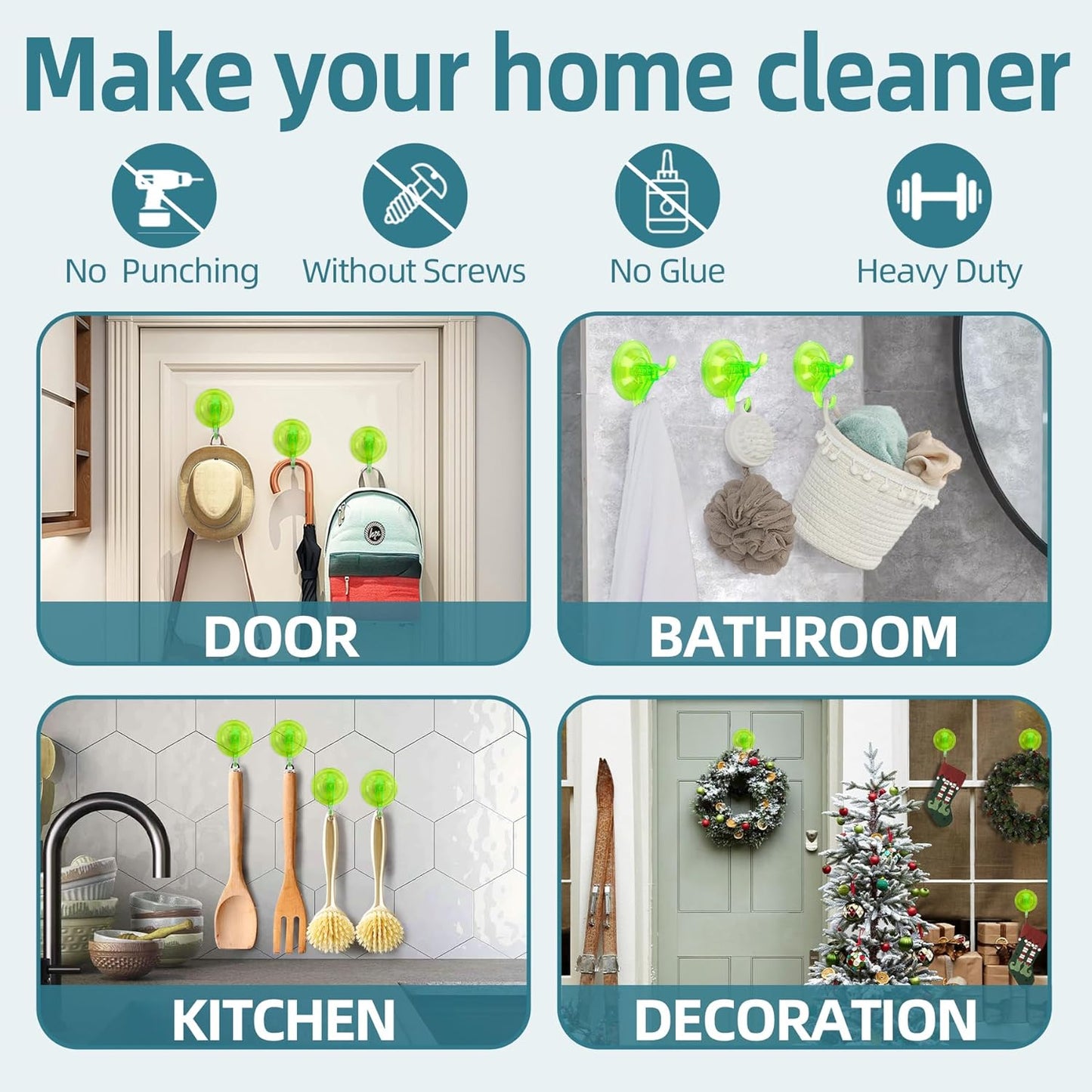 Antimbee Clear Suction Cup Hanger, 5 Pack Removable Small Suction Cups for Shower, Bathroom, Glass, Door, Windows, Kitchen - Up to 11 lbs on Smooth Surface - 2 Hooks Design (Transparent Green)