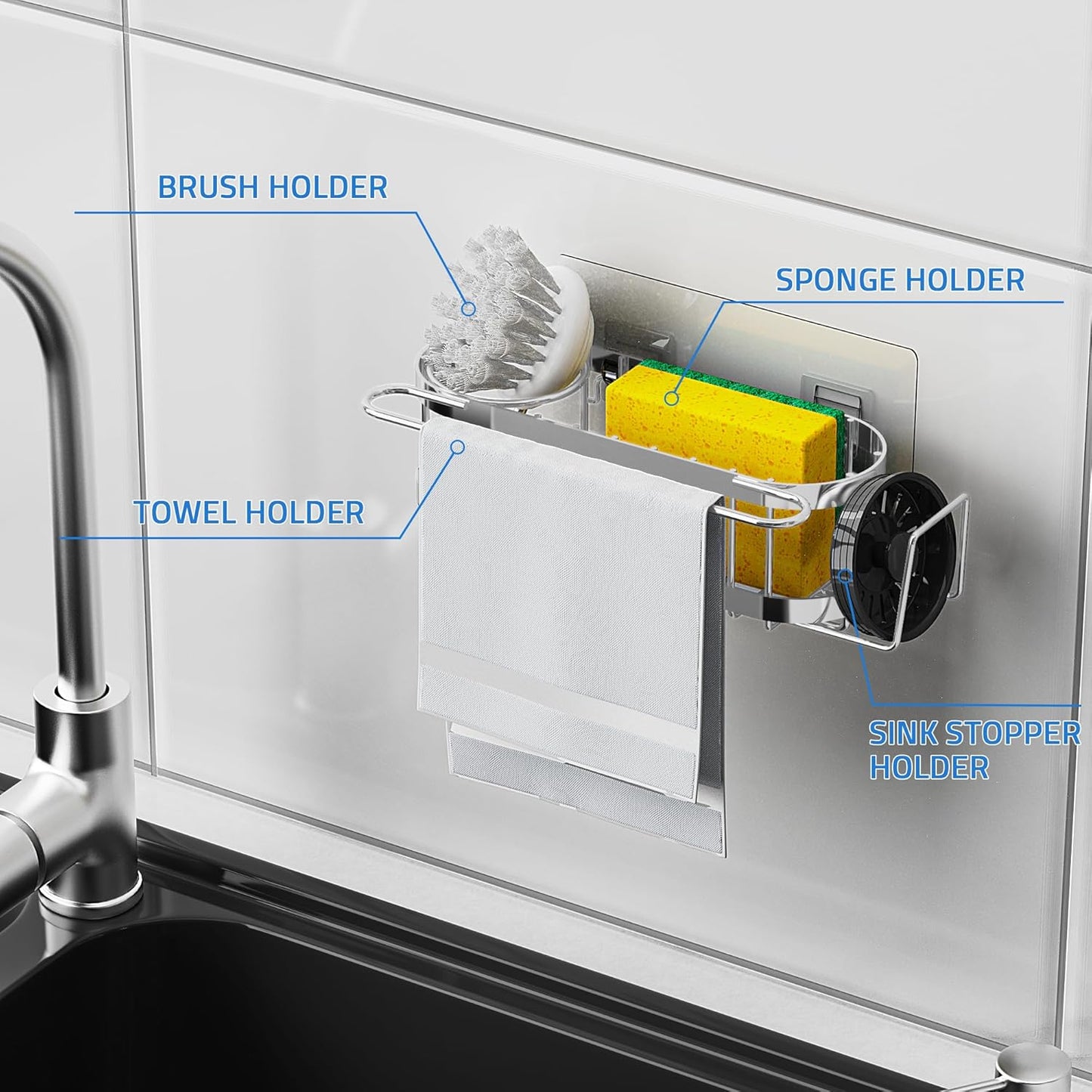 Cisily Kitchen Sink Caddy Sponge Holder in The Sink, Stainless Steel Kitchen Sink Organizer, Brush Holder, Dish Cloth Hanger, Sink Stopper Holder with 2 Installation Ways (Suction & Adhesives, Silver