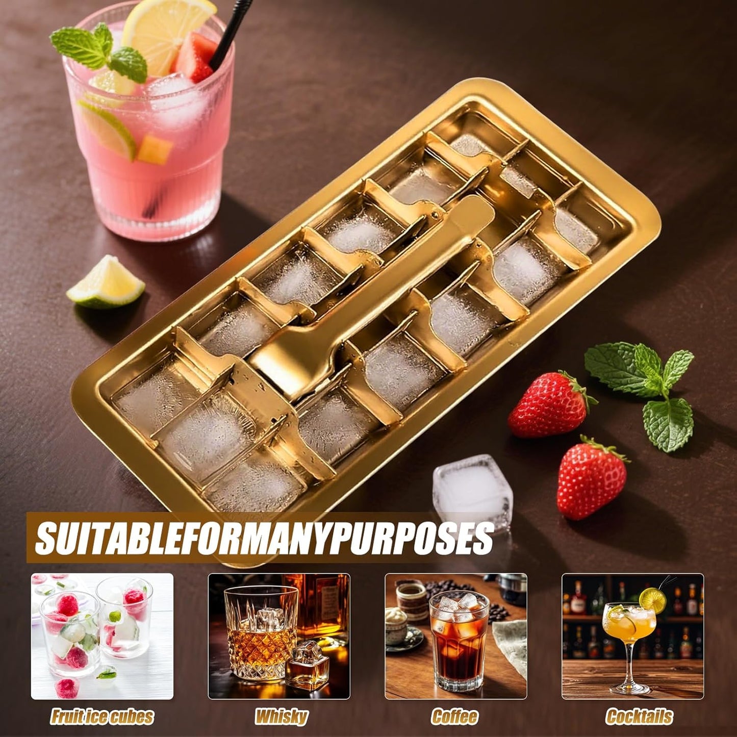 Professional Ice Cube Tray Gold-color, 18-Slot Stainless Steel, Heavy Duty Metal Freezer Mold with Lever Release, Bar & Kitchen Use, Send Goods from Local Warehouse
