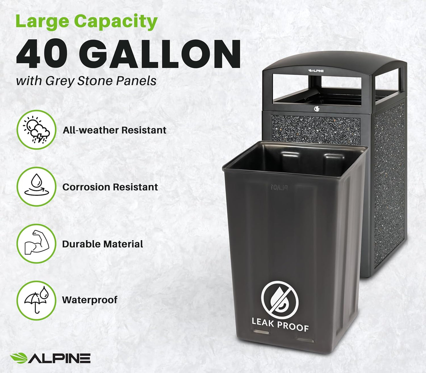 Alpine Outdoor Commercial Trash Can with Lid - 40 Gallon Heavy Duty Metal Garbage Can with Removable Bin, Locking Lid for a Modern Look in Park, Mall & High Traffic Areas - Black, Grey Stone Panels