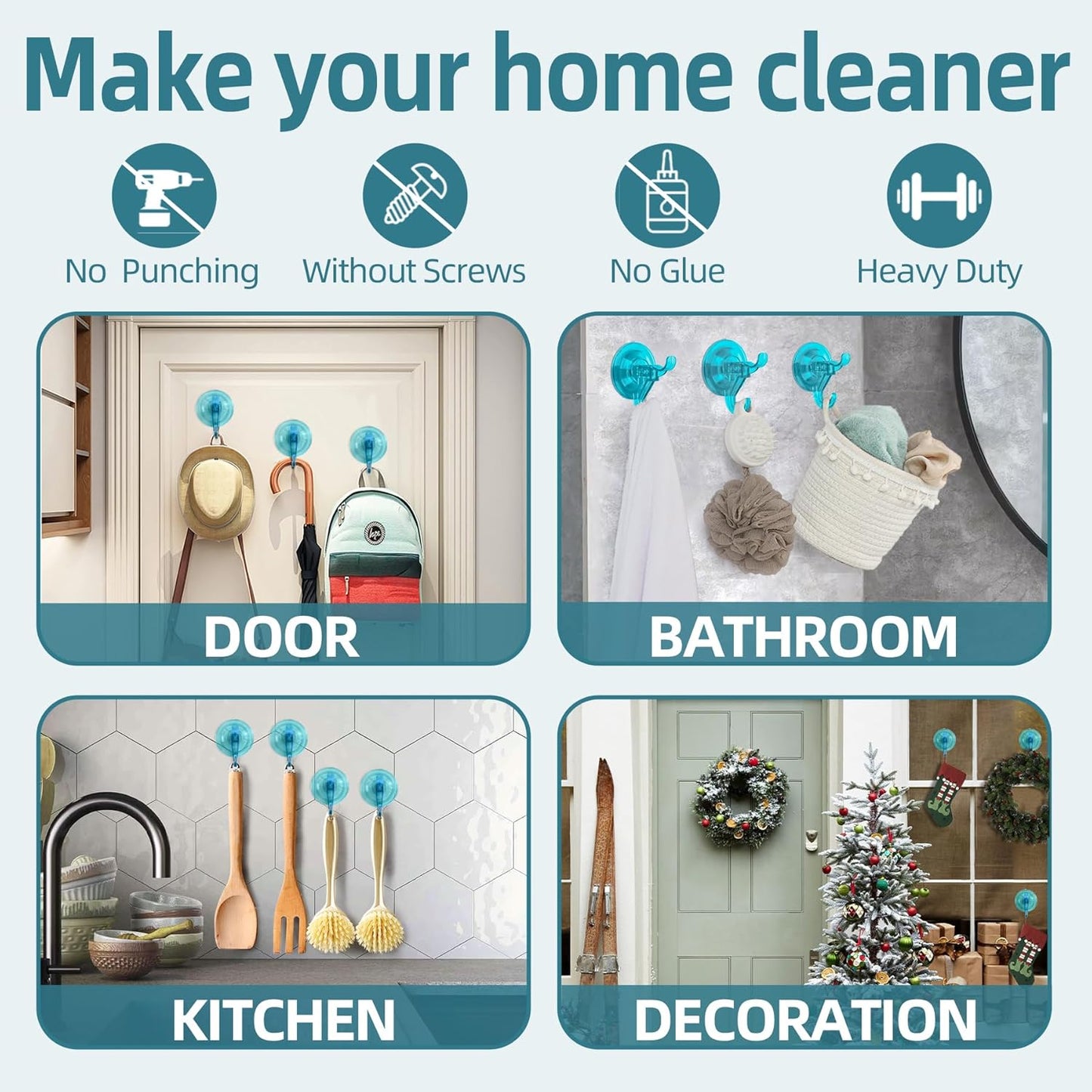 Antimbee Suction Cup Hooks, 5 Pack Shower Wall Suction Cup Hangers, Heavy Duty Vacuum Suction Cups, Reusable Bathroom Suction Hooks for Window, Tile Wall, Glass Door-2 Hooks Design(Transparent Cyan)