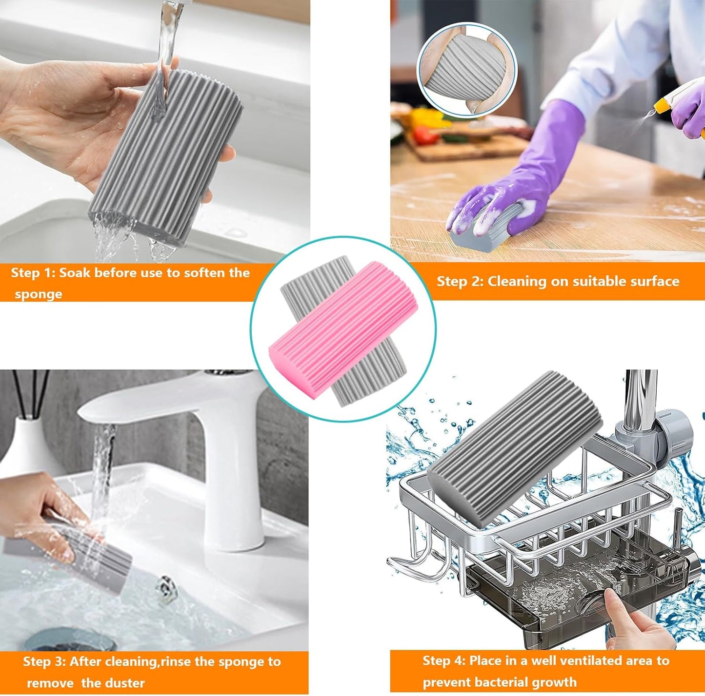 6-Pack Damp Clean Duster Sponge,Magic Sponge Eraser for Housekeeping,Reusable Cleaning Sponge for Blinds,Vents,Mirrors,Glass, Baseboards,Window Track Grooves and Railings (Pink)