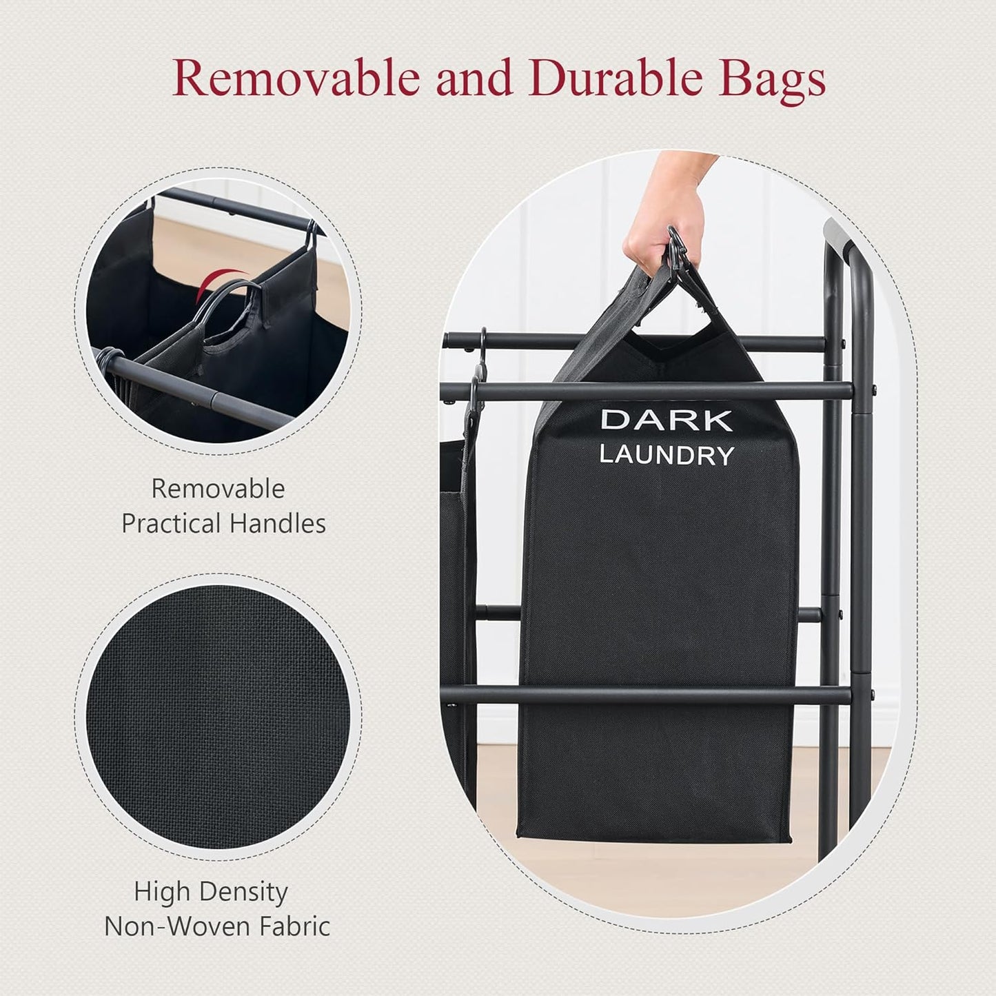 Tajsoon 5 Bag Laundry Sorter Cart, 5 Section Laundry Hamper with Heavy Duty Rolling Lockable Wheels, Laundry Basket Organizer with Removable Bags for Dirty Clothes Storage, Black